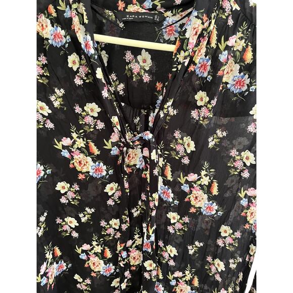 Zara Woman L Black Floral Mini Dress Flowy Asymmetric Ruffle Delicate Whimsygoth - Picture 3 of 8